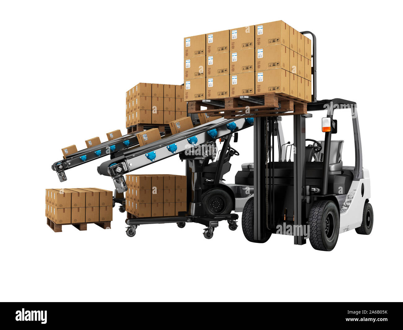 Modern loading forklift products in paper boxes on wooden pallets 3d ...