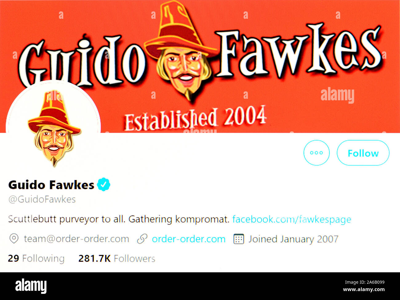 Twitter page (Oct 2019) Guido Fawkes - political commentator Stock Photo