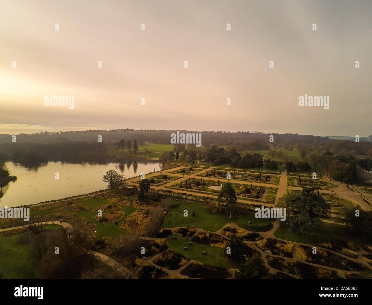 Aerial view of the Trentham Gardens Estate, in Trentham, Stoke on Trent, Staffordshire, visitor attraction, shopping village Stock Photo