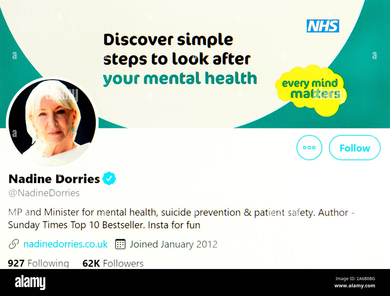 Twitter page (Oct 2019) Nadine Dorries - Conservative MP and Health Minister Stock Photo