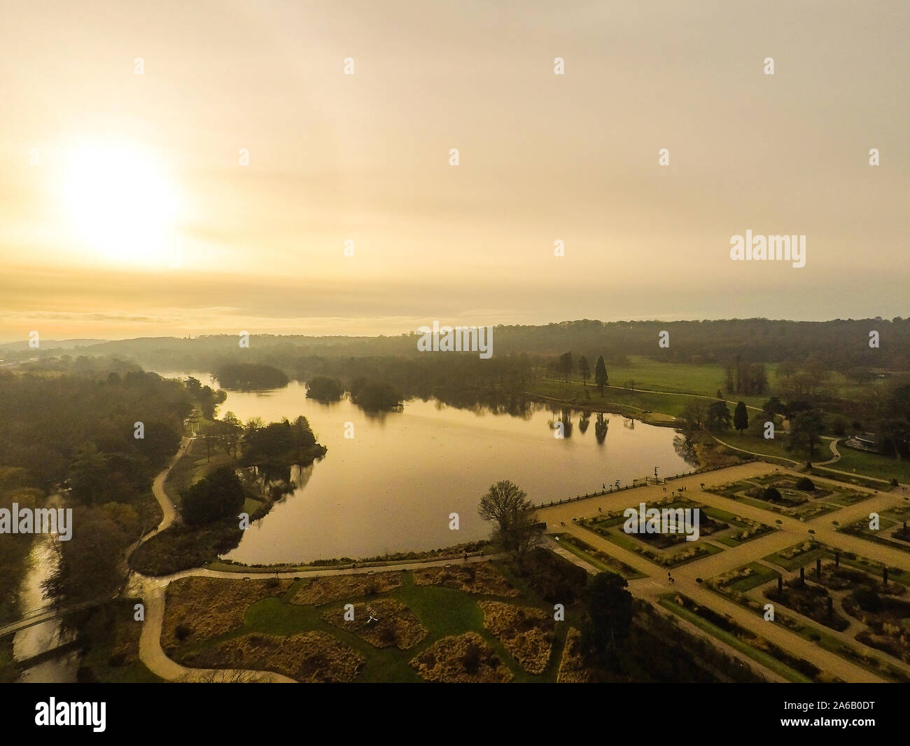 Aerial view of the Trentham Gardens Estate, in Trentham, Stoke on Trent, Staffordshire, visitor attraction, shopping village Stock Photo