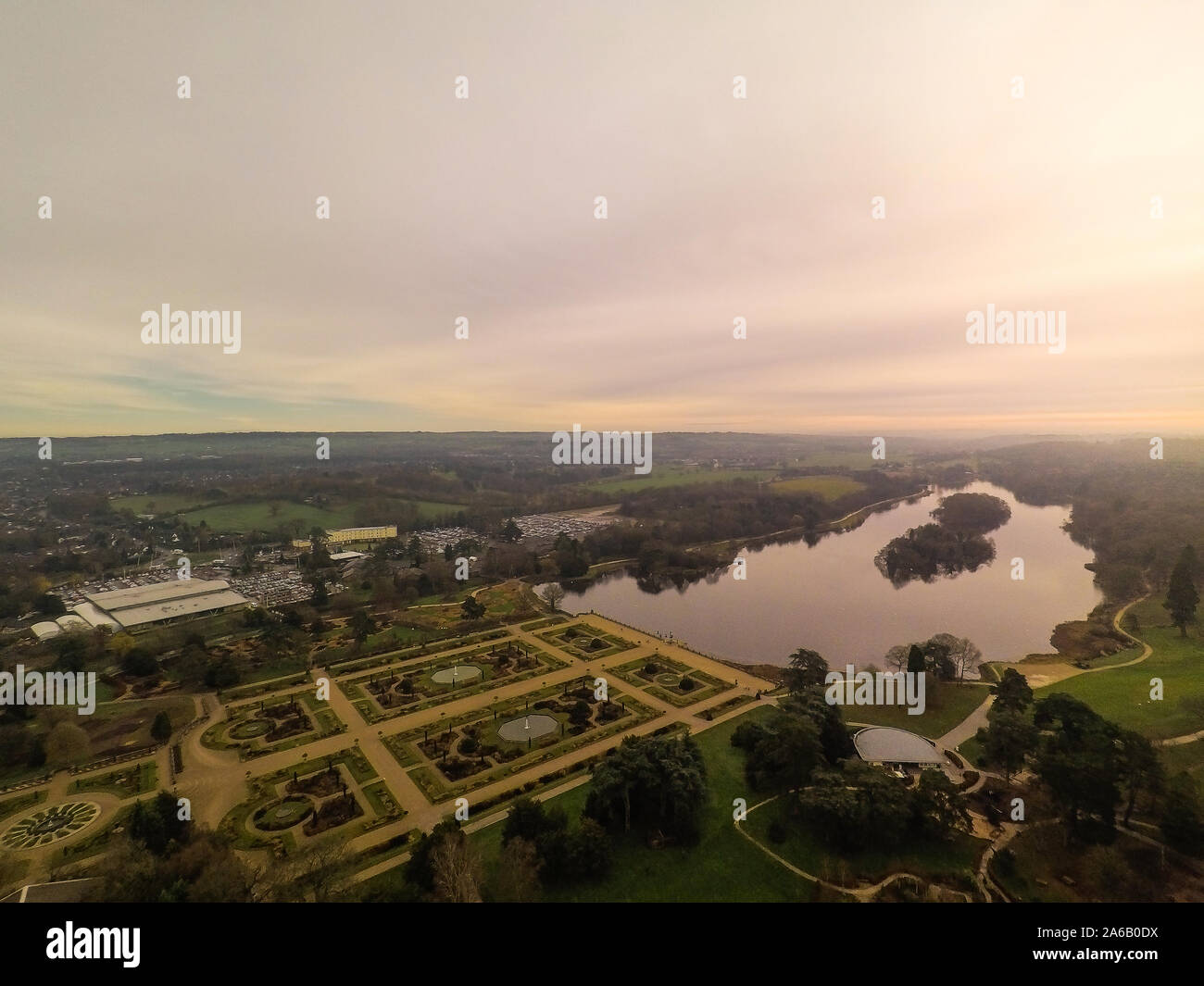 Aerial view of the Trentham Gardens Estate, in Trentham, Stoke on Trent, Staffordshire, visitor attraction, shopping village Stock Photo