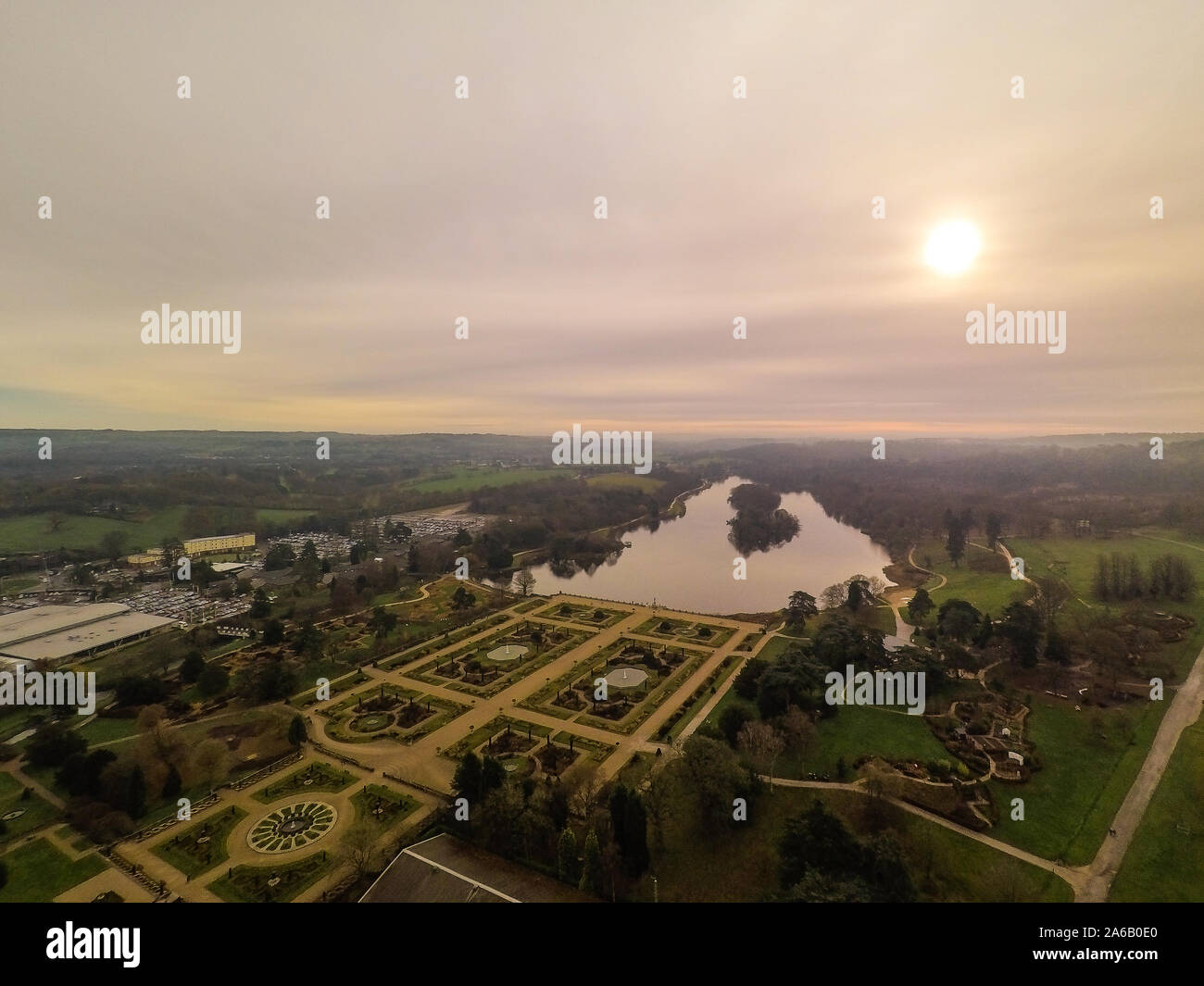 Aerial view of the Trentham Gardens Estate, in Trentham, Stoke on Trent, Staffordshire, visitor attraction, shopping village Stock Photo