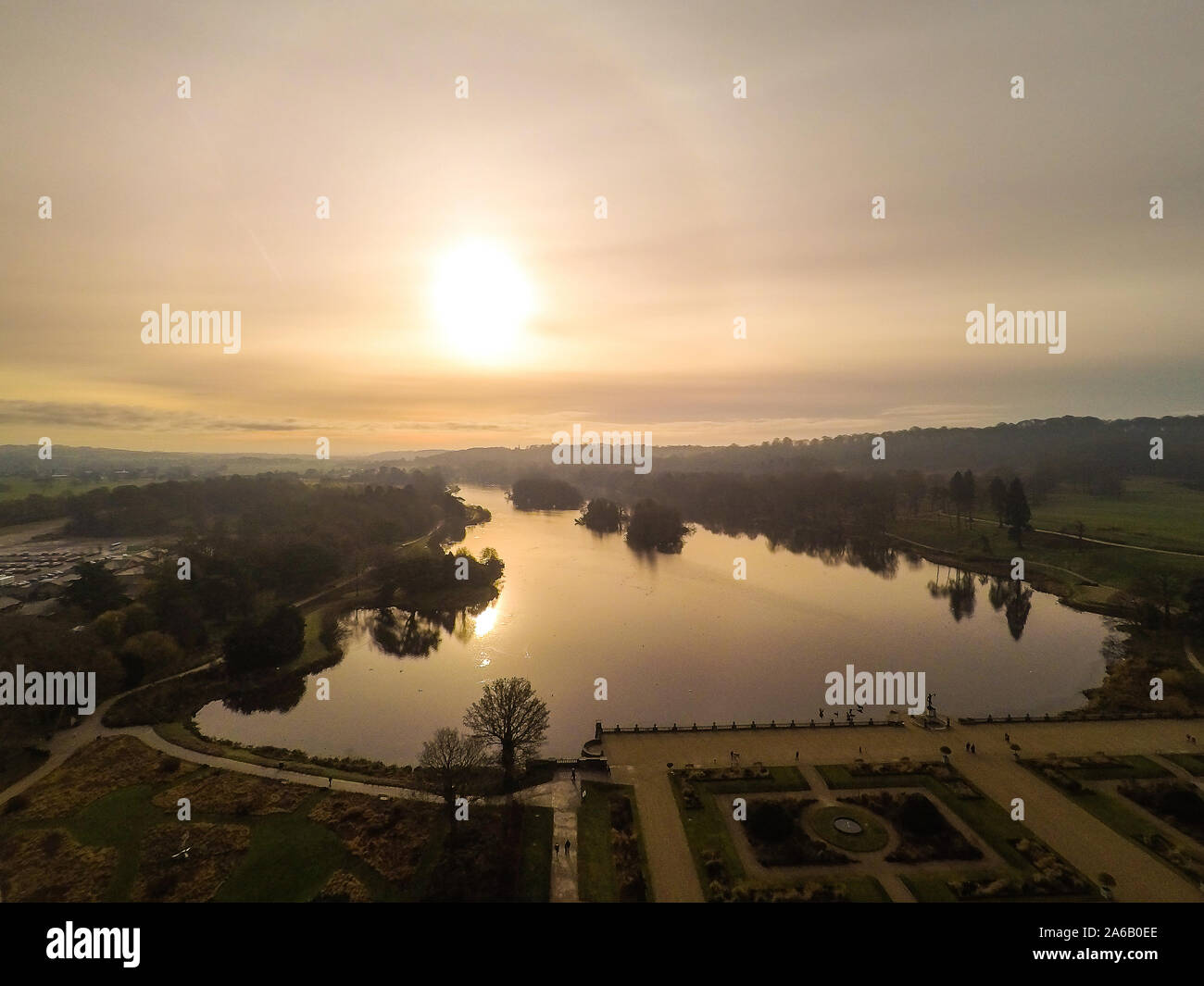 Aerial view of the Trentham Gardens Estate, in Trentham, Stoke on Trent, Staffordshire, visitor attraction, shopping village Stock Photo