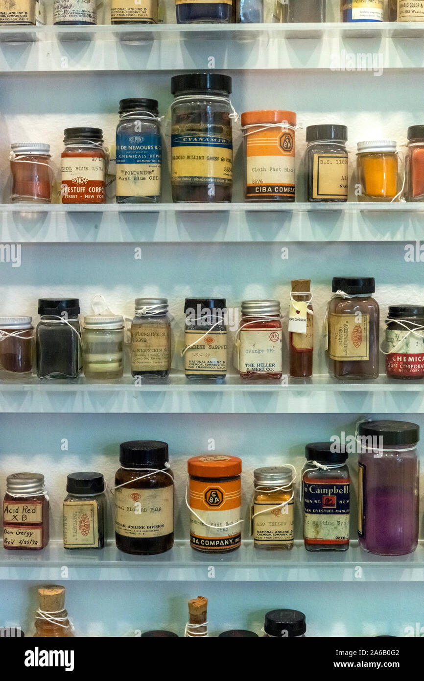 Display of dye samples at George Eastman Museum in Rochester NY. Dyes were used to create iconic Technicolor film look. Stock Photo