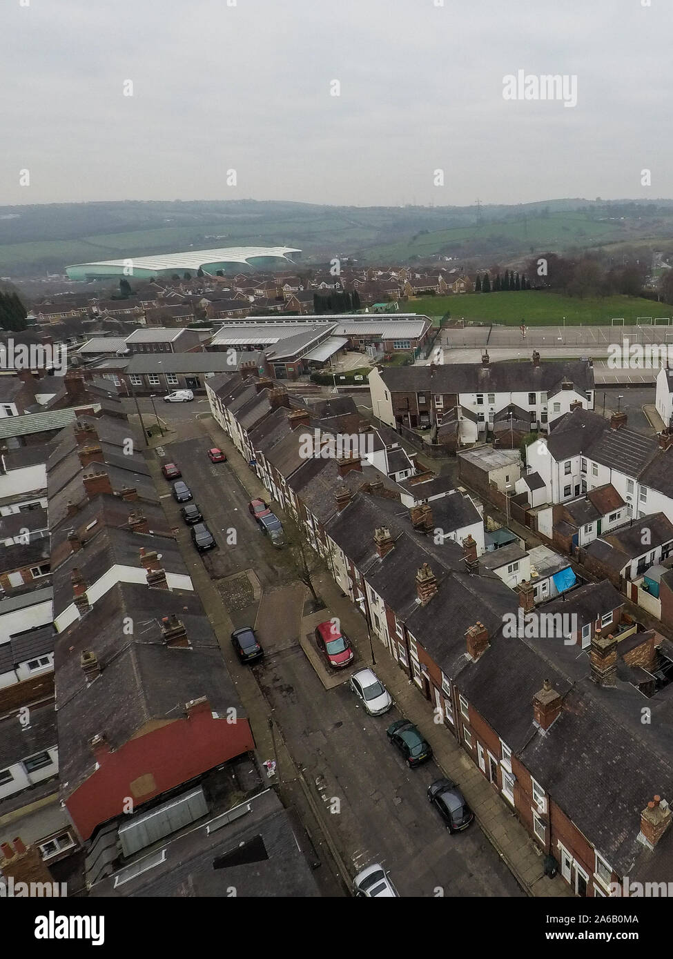 Aerial view of the poverty stricken area of Tunstall and Chell Heath in Stoke on Trent, streets