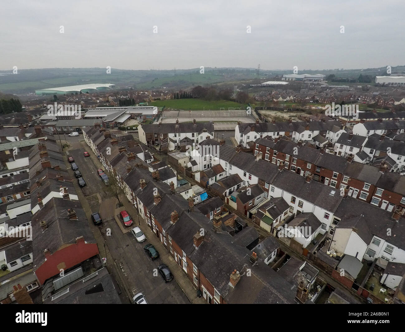 Aerial view of the poverty stricken area of Tunstall and Chell Heath in Stoke on Trent, streets
