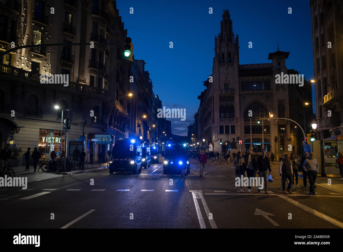 Several vehicles of the autonomous police follow the demonstration against the repression to the young people and in defence of freedom. Stock Photo