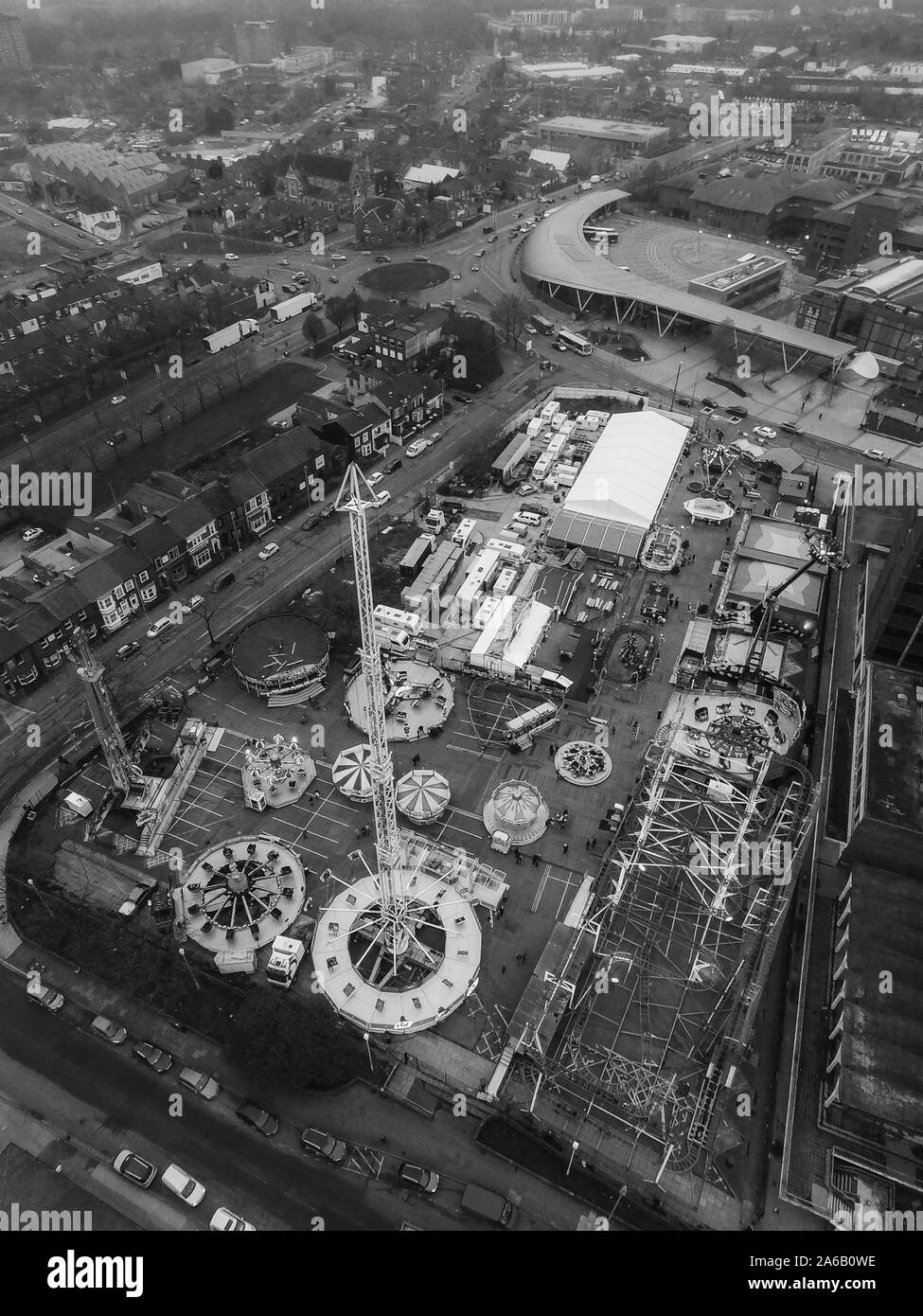 Aerial view, drone images of Winter Wonderland near the city centre, an annual Christmas and January funfair with rides and amusements Stock Photo