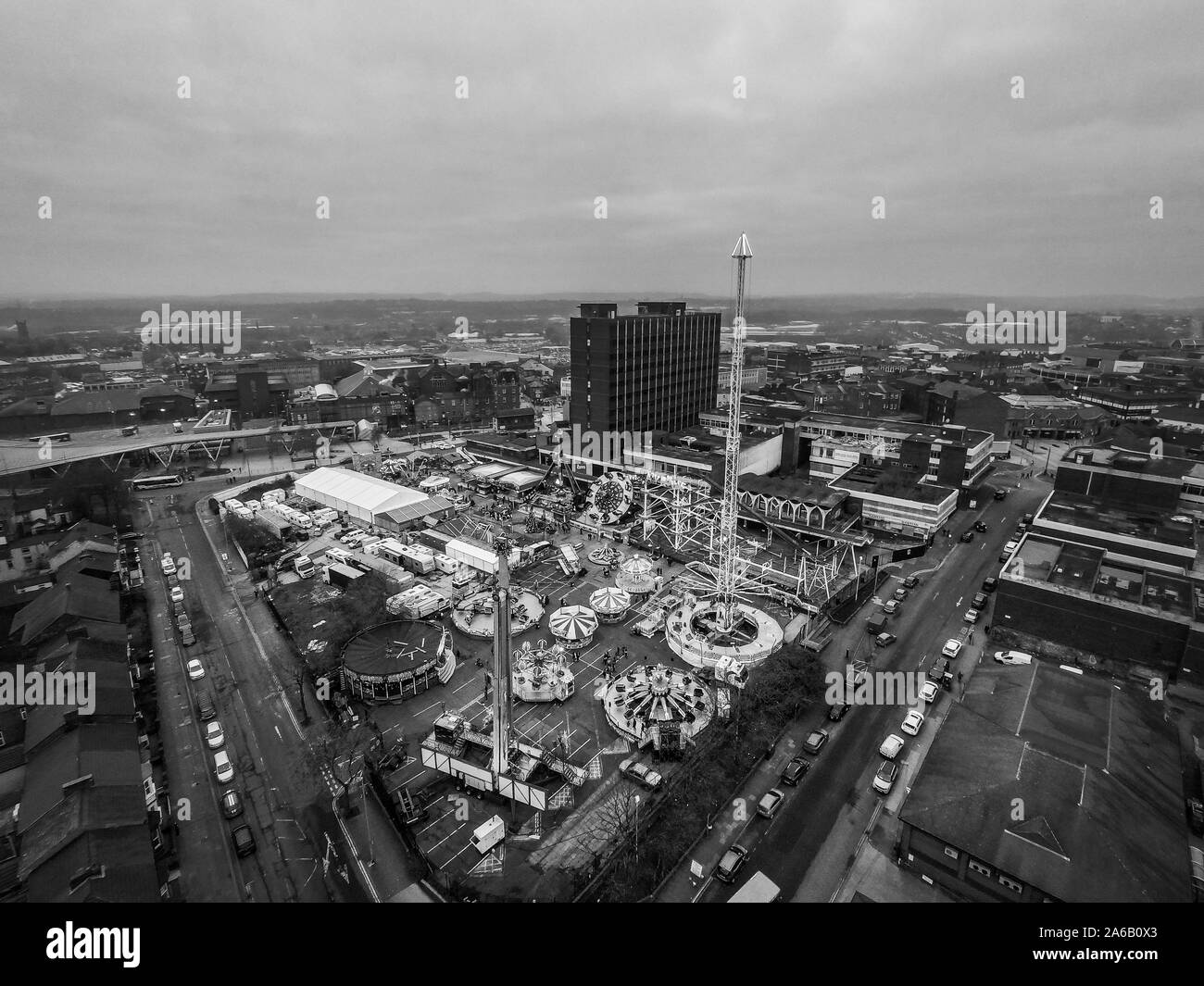 Aerial view, drone images of Winter Wonderland near the city centre, an annual Christmas and January funfair with rides and amusements Stock Photo