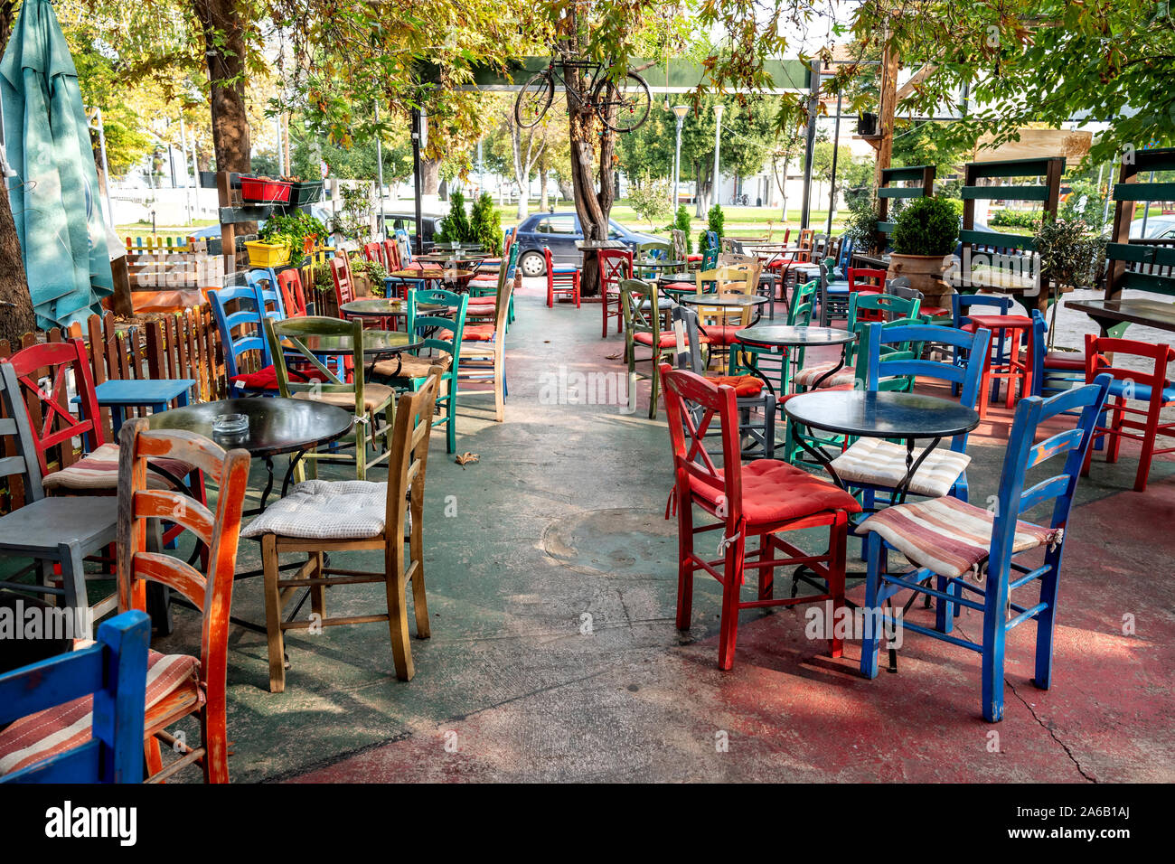 Empty cafe at Stavros, near Olympiada, Chalkidiki, Greece: Stock Photo