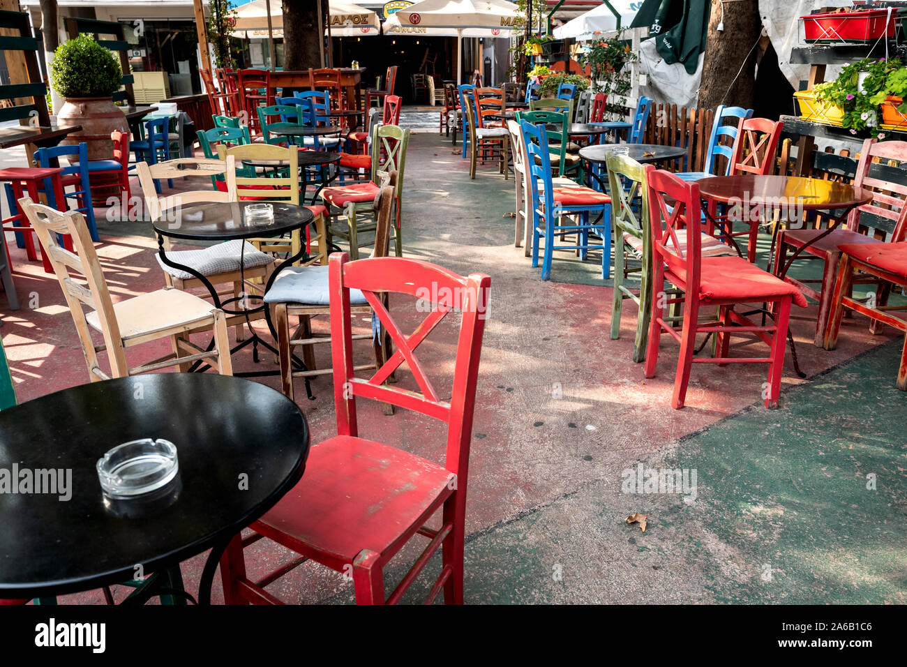 Empty cafe at Stavros, near Olympiada, Chalkidiki, Greece: Stock Photo