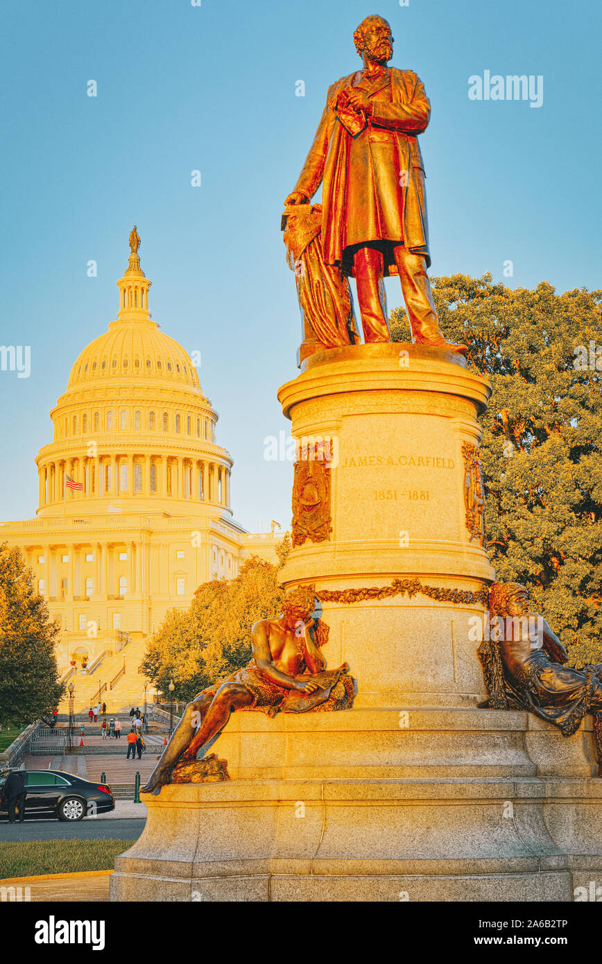 United States Capitol,and James A. Garfield Monument by John Quincy Adams Ward at the center of Garfield Circle. Stock Photo