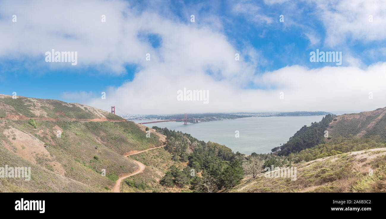 Panorama view of Golden Gate Bridge landmark from Observation Deck near Hawk Hill Stock Photo