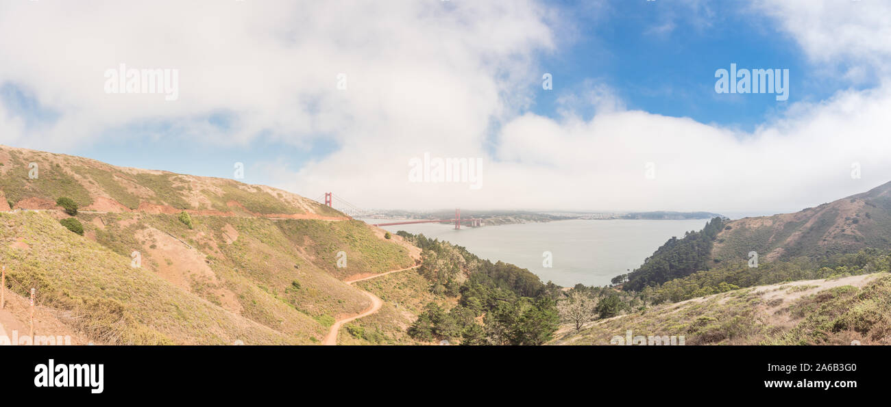 Panorama view of Golden Gate Bridge landmark from Observation Deck near Hawk Hill Stock Photo