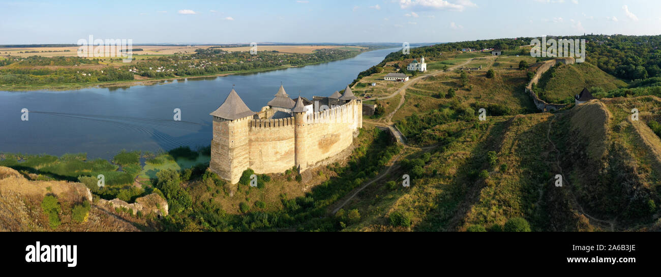 Aerial view of old castle near the River. Hotyn Castle in Ukraine. Eastern Europe. Stock Photo