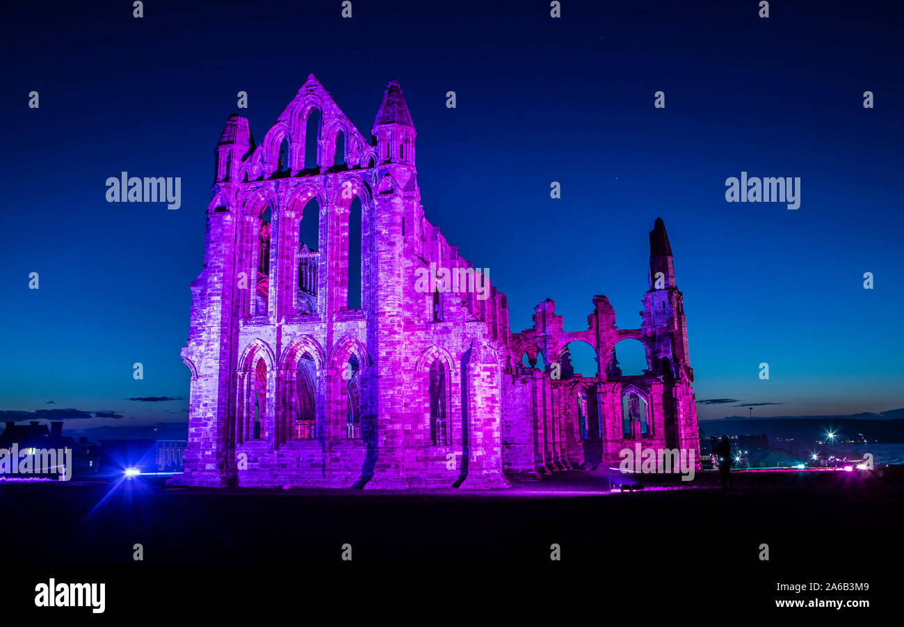 Lights illuminate ruins english heritages whitby abbey hires stock
