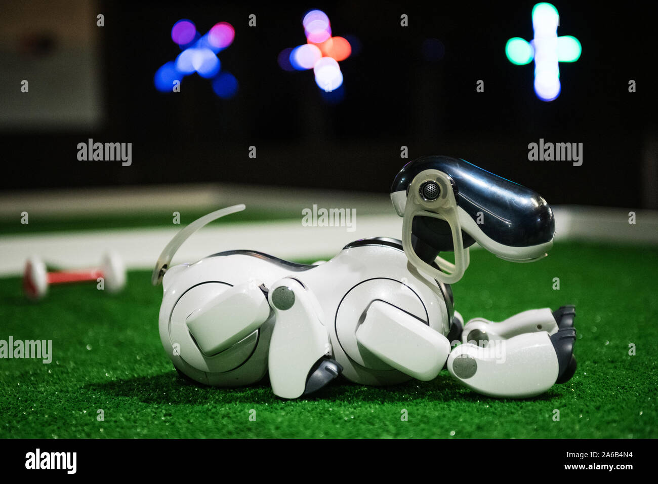 BRATISLAVA, SLOVAKIA - OCT 25, 2019: Robot dog AIBO demonstrates its skills at the mall in Bratislava, Slovakia Stock Photo