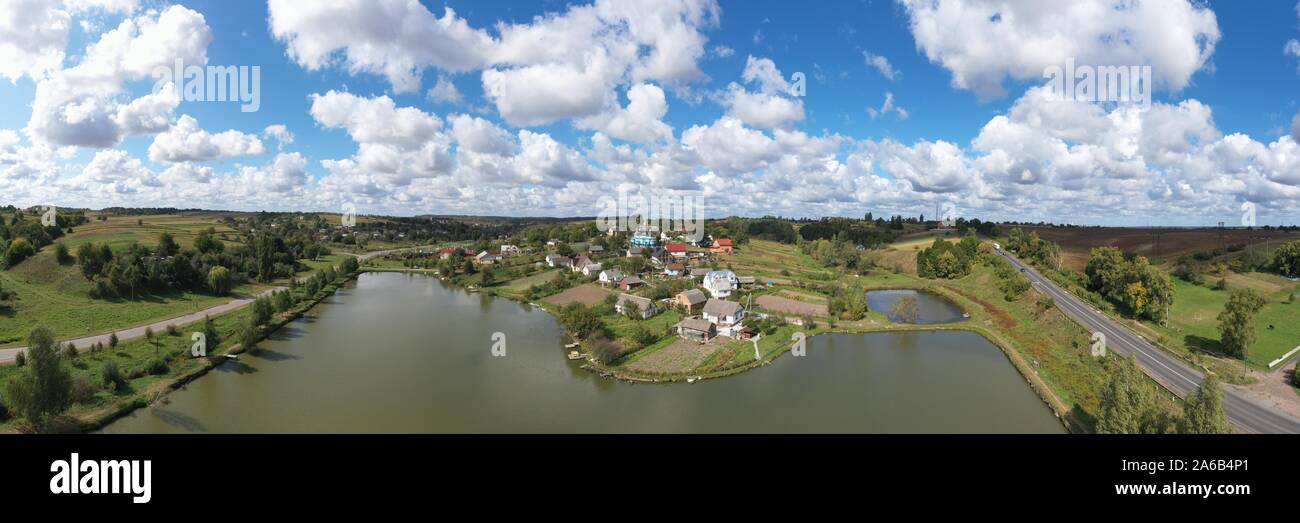 Aerial panorama view of beautiful Village Landscape on a Hill Stock ...
