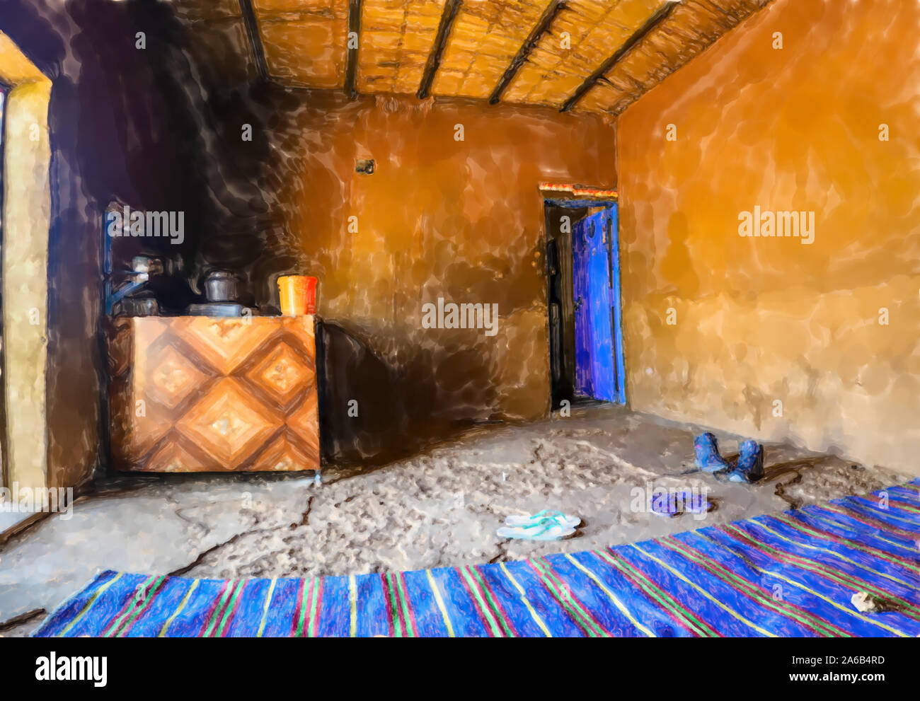 watercolor illustration: Inside a rest stop in the desert of Sudan with a blue carpet and a stove where food, tea and coffee are prepared. Stock Photo