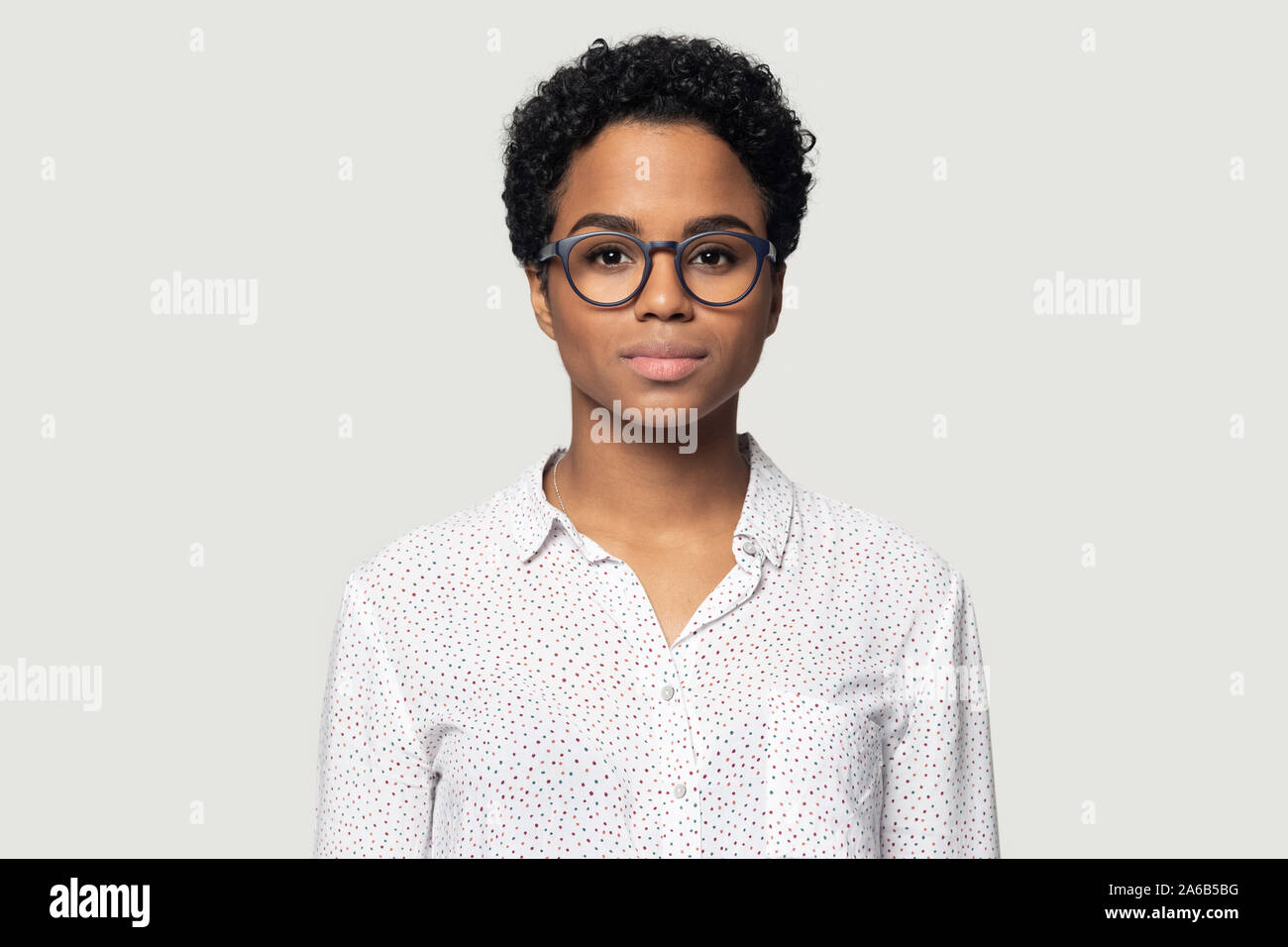 Head shot portrait beautiful young African American woman in glasses ...