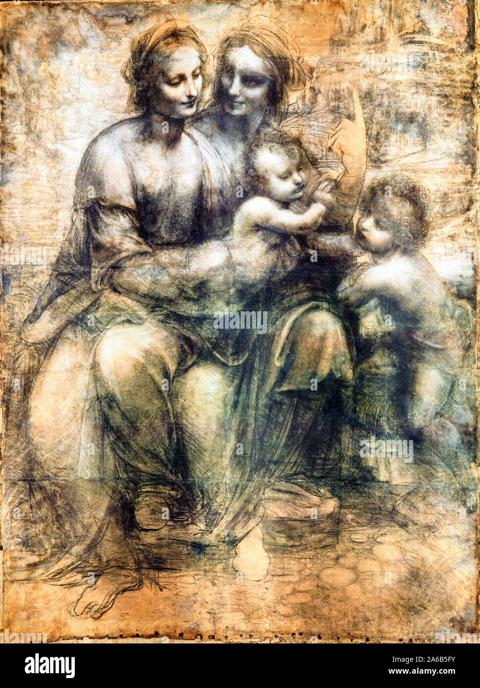 Cartone di Sant'Anna, la Vergine, il Bambino e San Giovannino (The  Burlington House cartoon) by Leonardo da Vinci (1452-1519) c. 1499 - 1500  or 1508 Charcoal heightened with white chalk on paper,