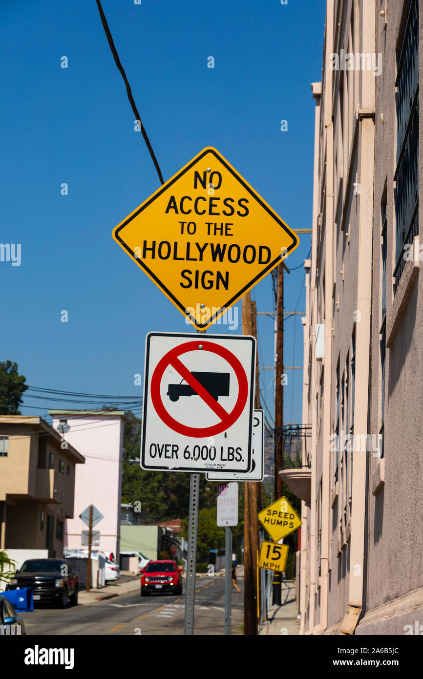 No entry to the Hollywood sign through this road. Hollywood, Los Angeles, California, United States of America. October 2019 Stock Photo