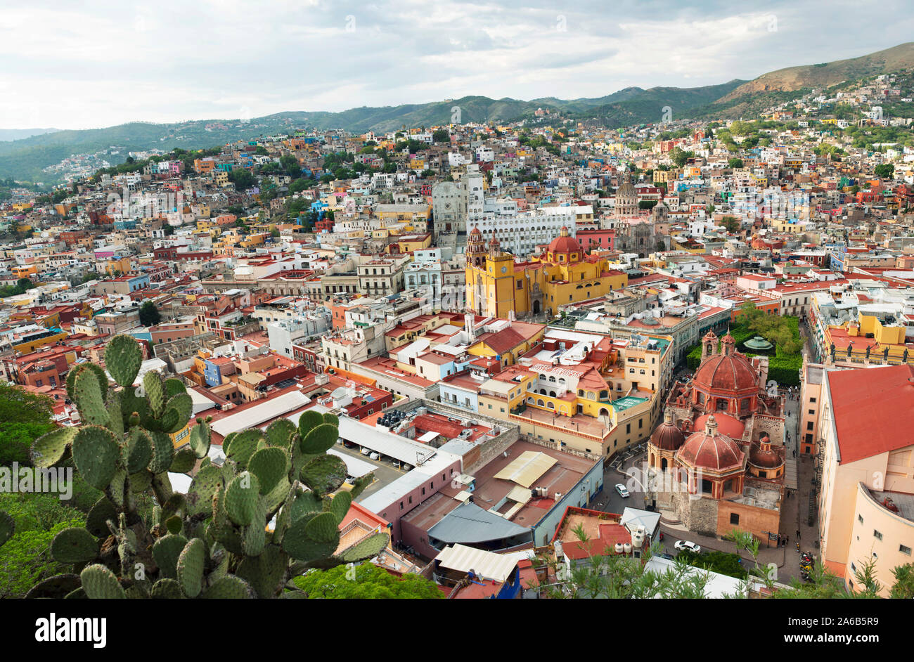 Wide-angle panoramic shot of historic centre of Guanajuato, Mexico. Jun 2019 Stock Photo