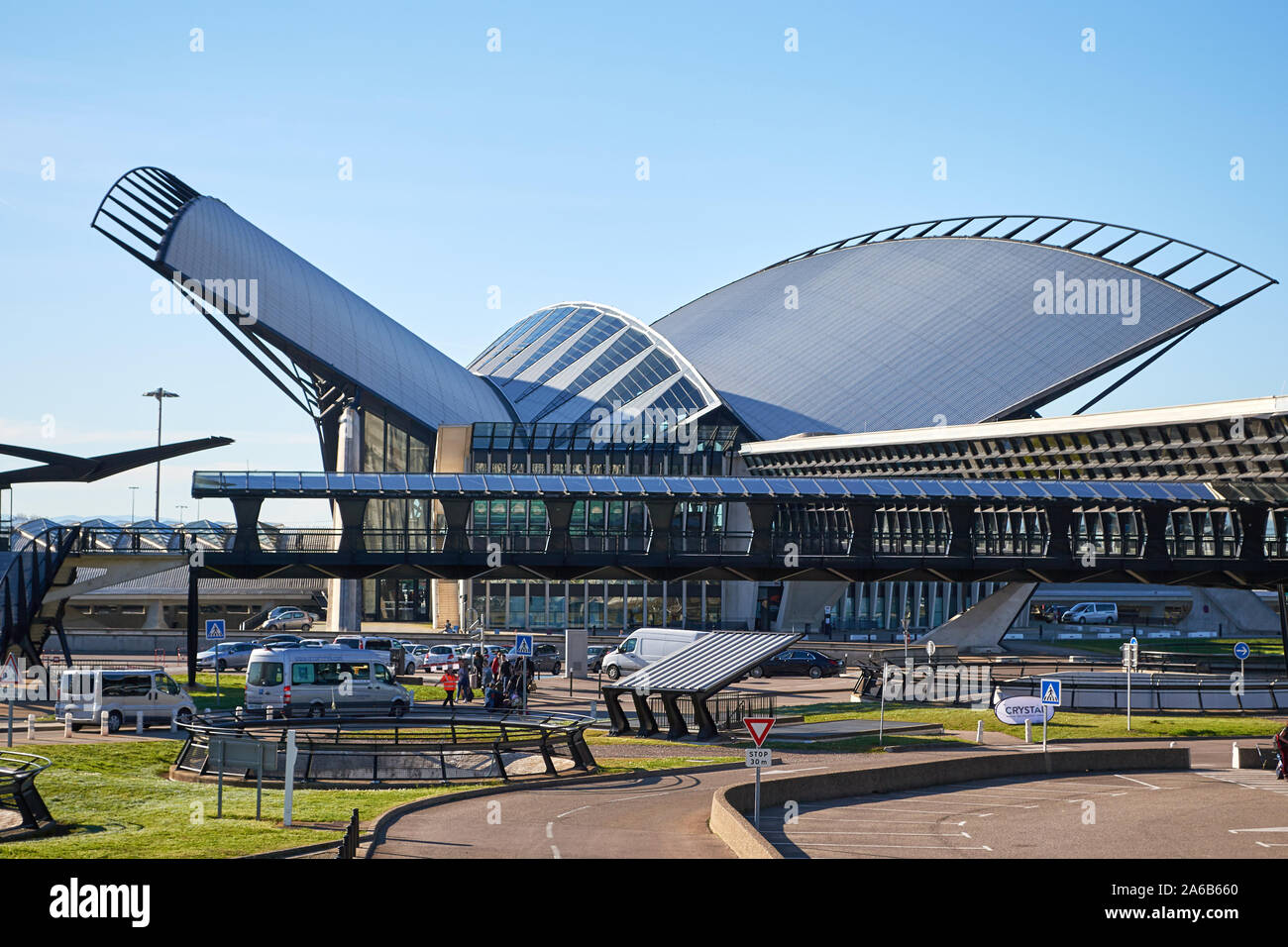 Lyon, France - March 16, 2019: Back view of TGV station main building at Lyon Saint-Exupery Airport, designed by architect Santiago Calatrava Valls. T Stock Photo