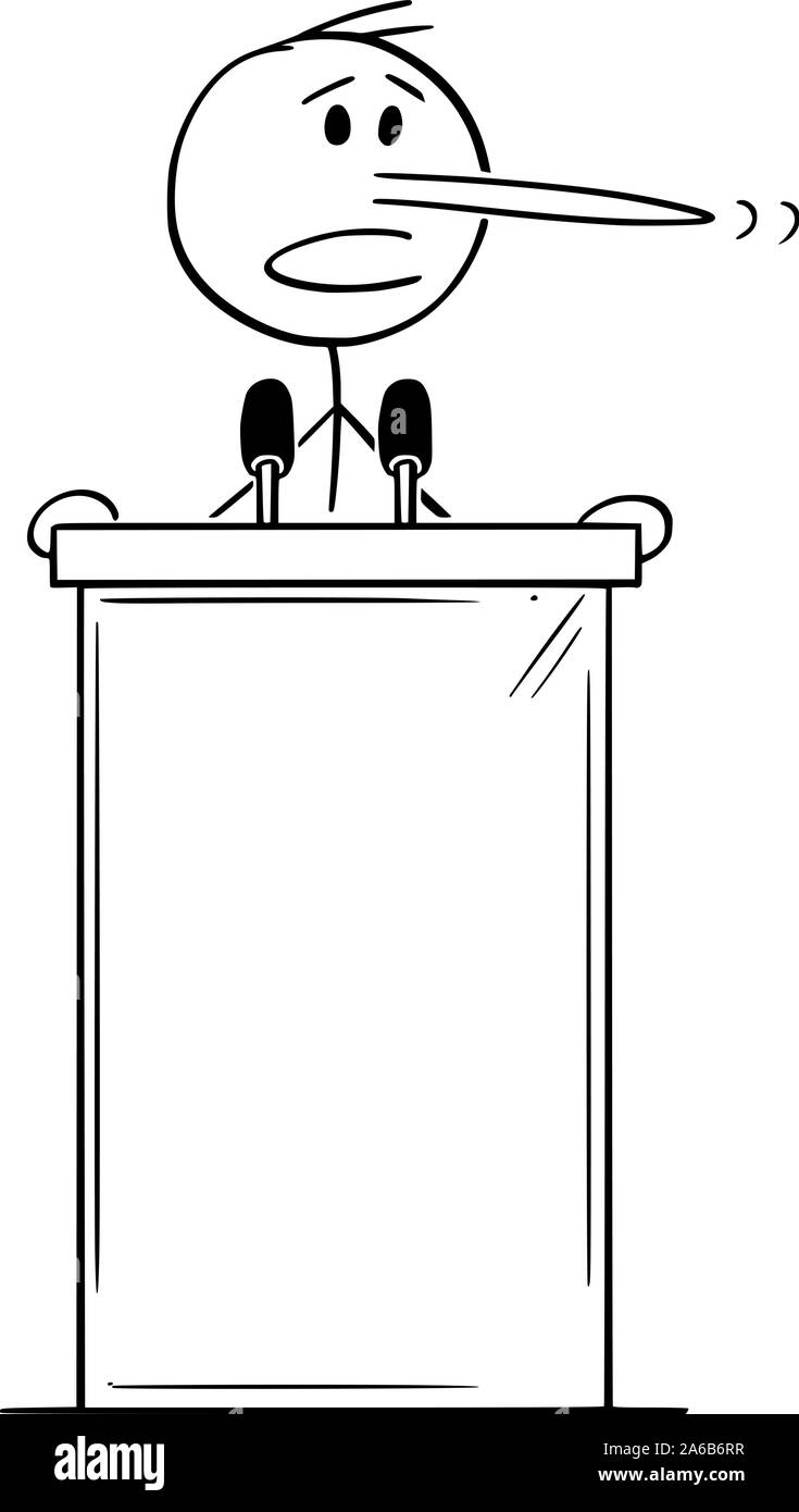 Vector cartoon stick figure drawing conceptual illustration of lying politician with long nose speaking on podium behind lectern. Stock Vector