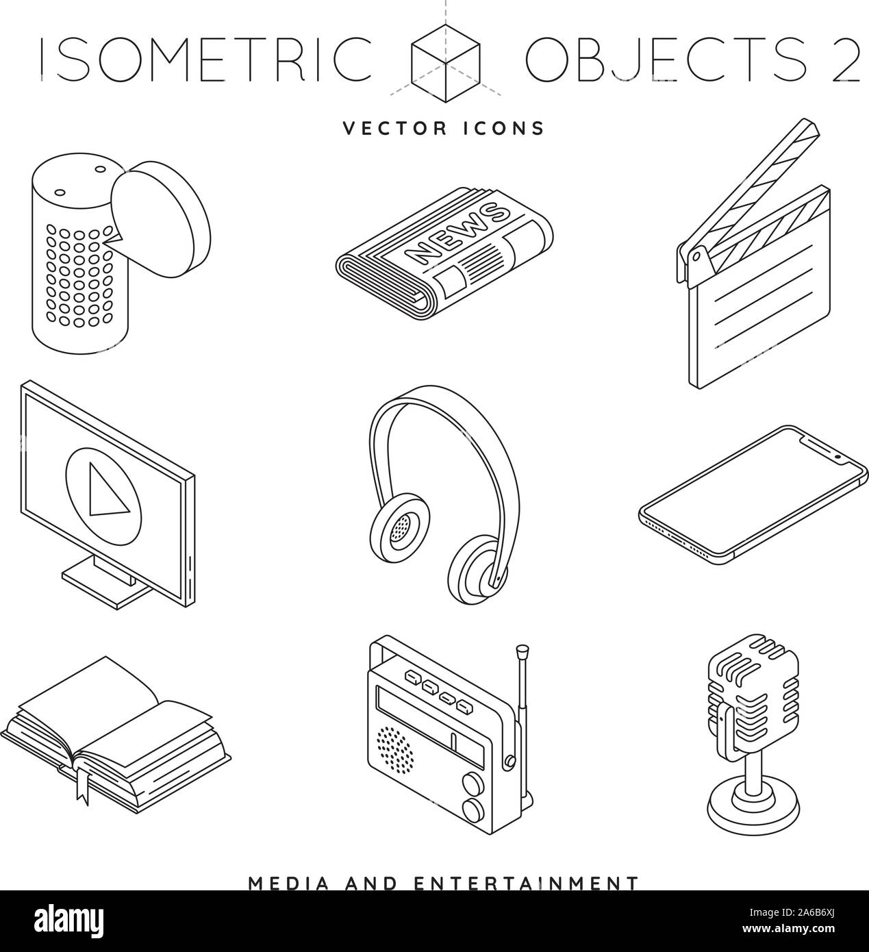 Collection of isometric outline icons of media and electronic equipment like smart speaker, microphone, radio or flatscreen TV set. Entertainment indu Stock Vector