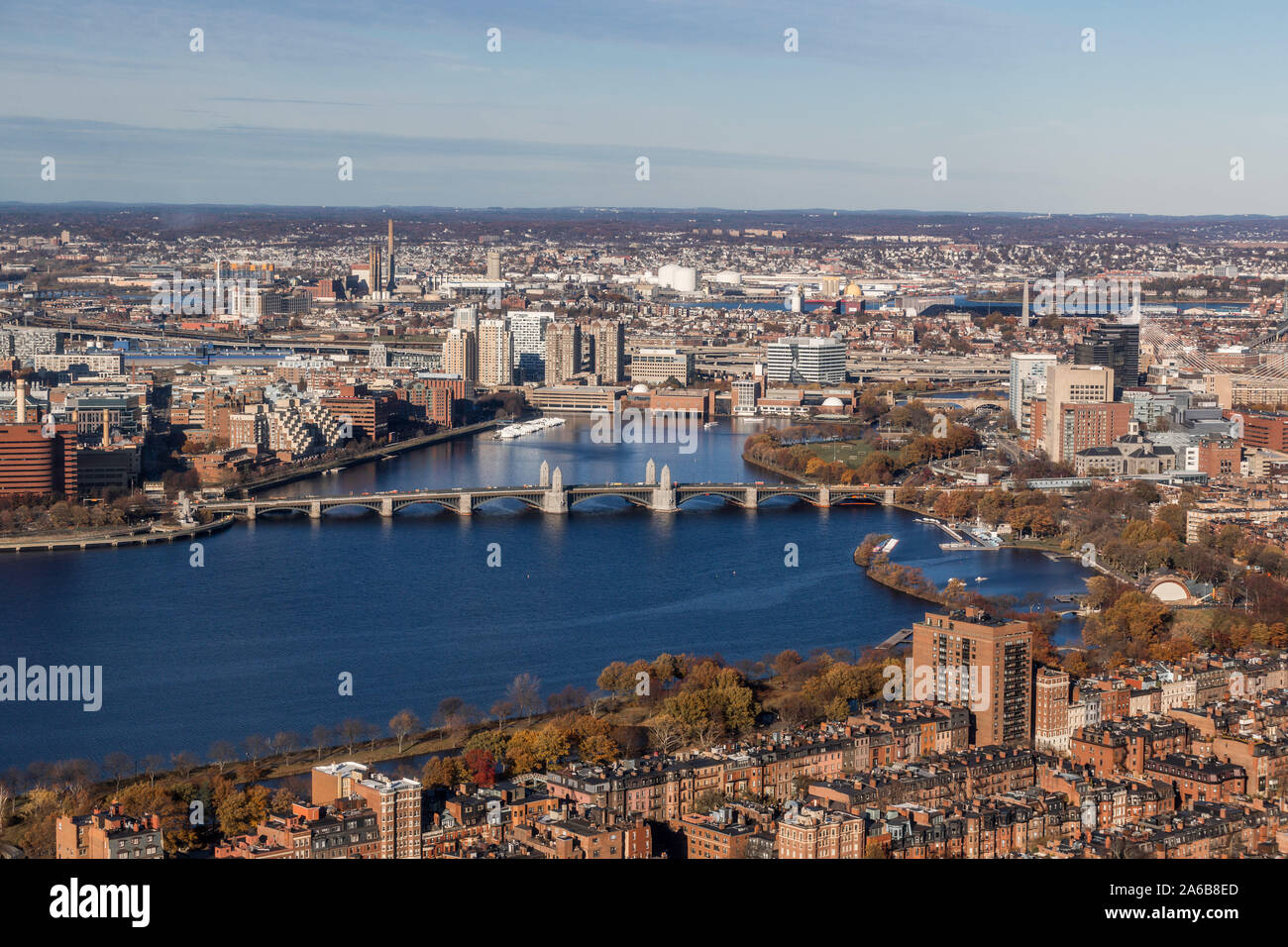 Boston Cityscapes, Aerial view of Boston skyline from Prudential Center in a sunny day Stock Photo