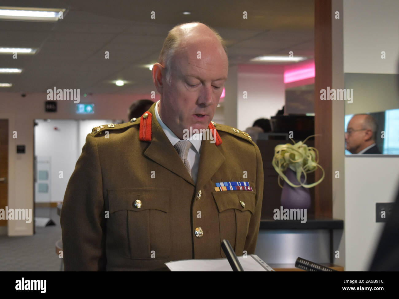 Brigadier Christopher Coles gives a statement to the media following an inquest into the death of Corporal Joshua Hoole, who collapsed and died at an army training centre in Wales in 2016. Stock Photo