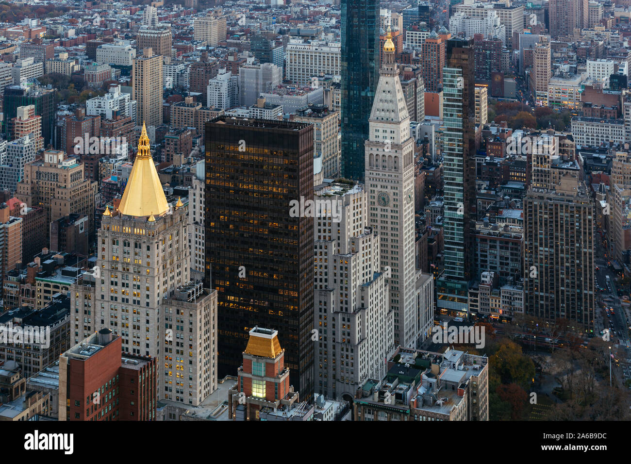 Aerial view of the modern buildings and street in Night in New York ...