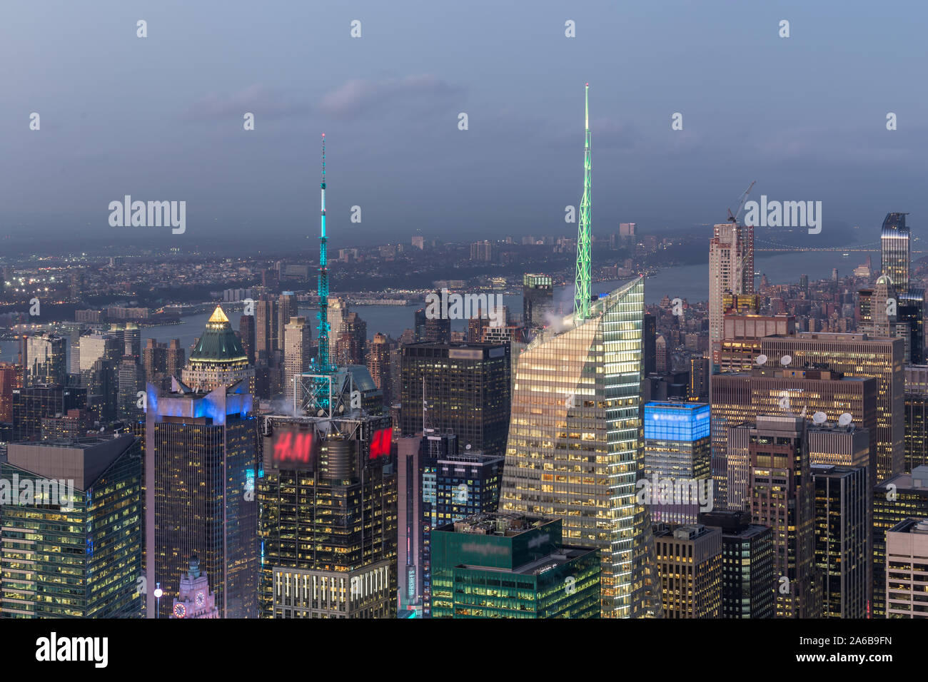 Aerial view of the modern buildings and street in Night in New York ...