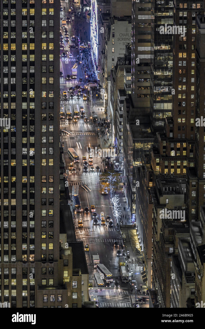 Aerial view of the modern buildings and street in Night in New York ...
