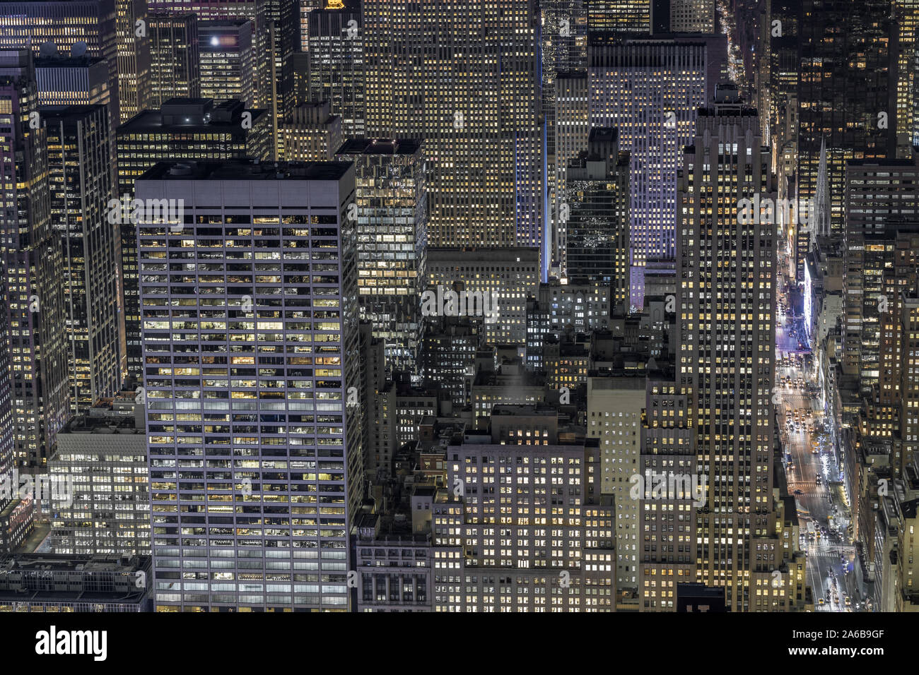 Aerial view of the modern buildings and street in Night in New York ...