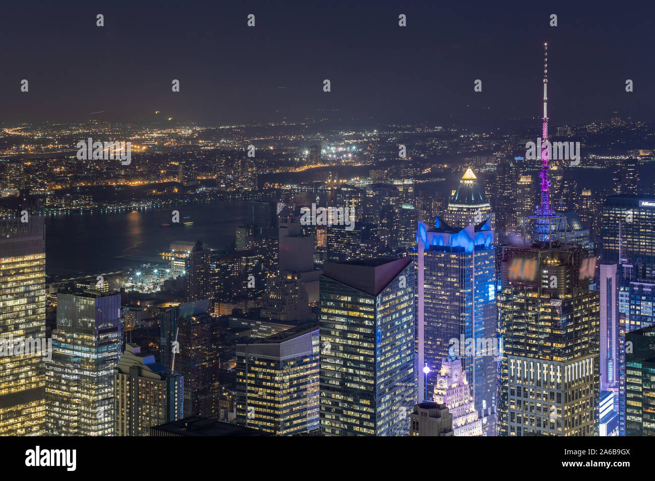 Aerial view of the modern buildings and street in Night in New York ...