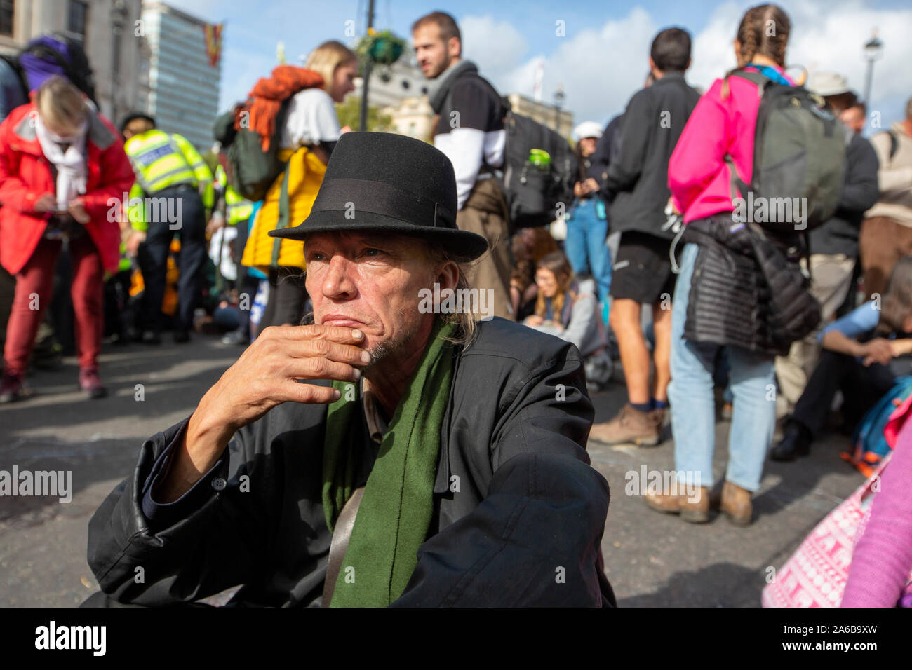 London, 10th October 2019, Extinction Rebellion demonstration and occupation of the roads around Trafalgar Square. Stock Photo
