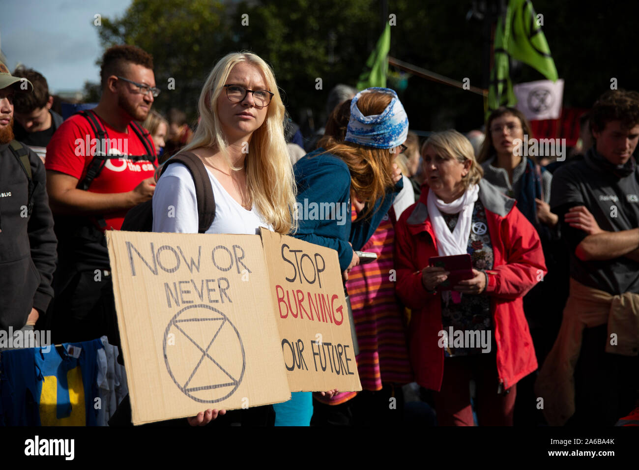 London, 10th October 2019, Extinction Rebellion demonstration and occupation of streets leading to Trafalgar Square. Stock Photo