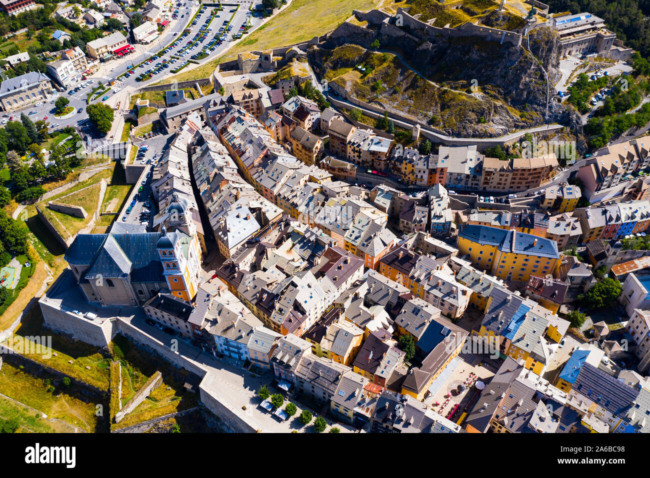 Aerial view of medieval fortified city of Briancon with impressive ...