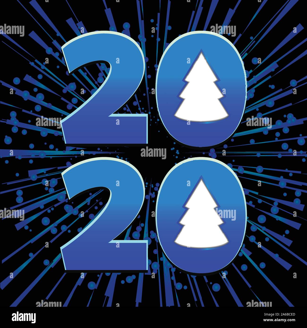 2020 Decorative Date With Christmas Trees Over Black Background With Starburst Stock Vector