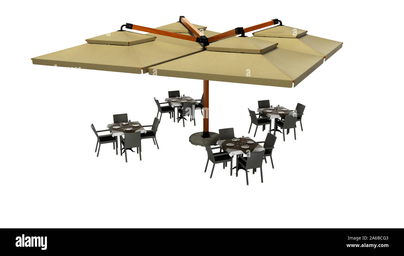 Concept of outdoor restaurant beach umbrella and tables with chairs 3d