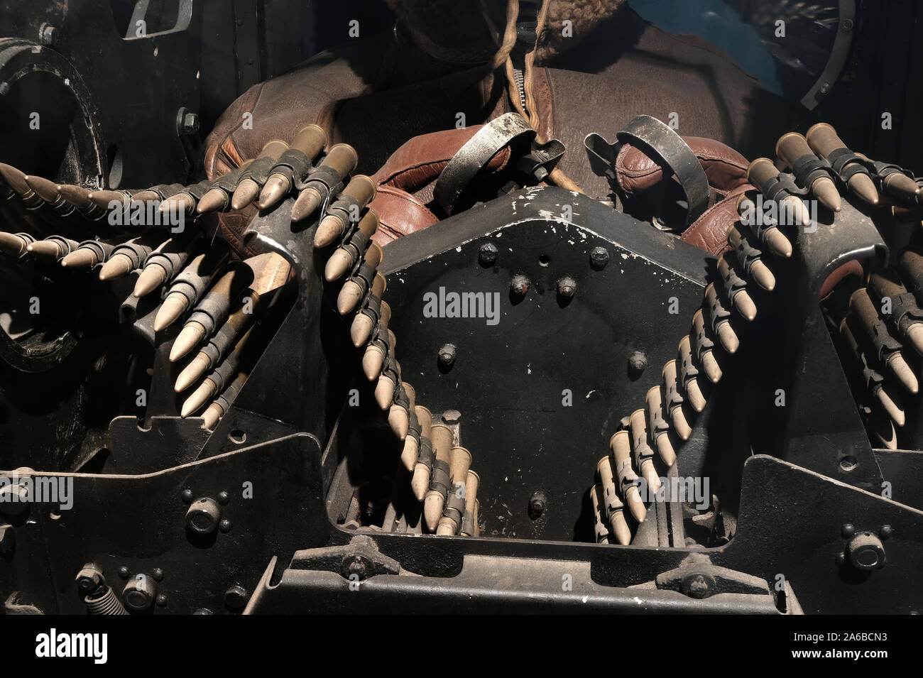 Yorkshire air museum display of rear gunners position in a large British four engine heavy bomber. Man is a dummy. Stock Photo