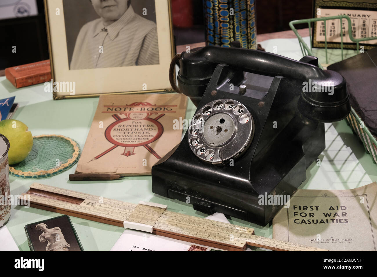 Equipment display as might have been in use in a small engineering office in the second world war. Stock Photo