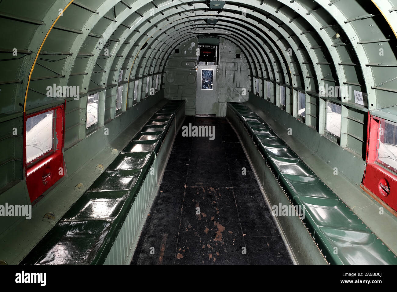 Inside a world war two vintage DC3 Dakota troop transport aircraft. Stock Photo