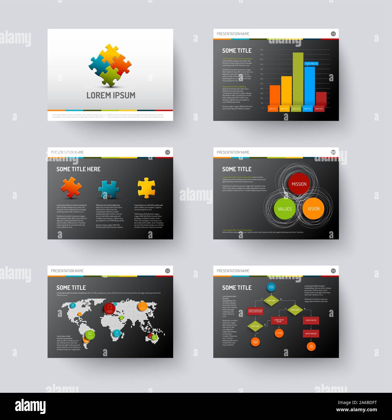 Vector dark Template for presentation slides with graphs and charts Stock Vector