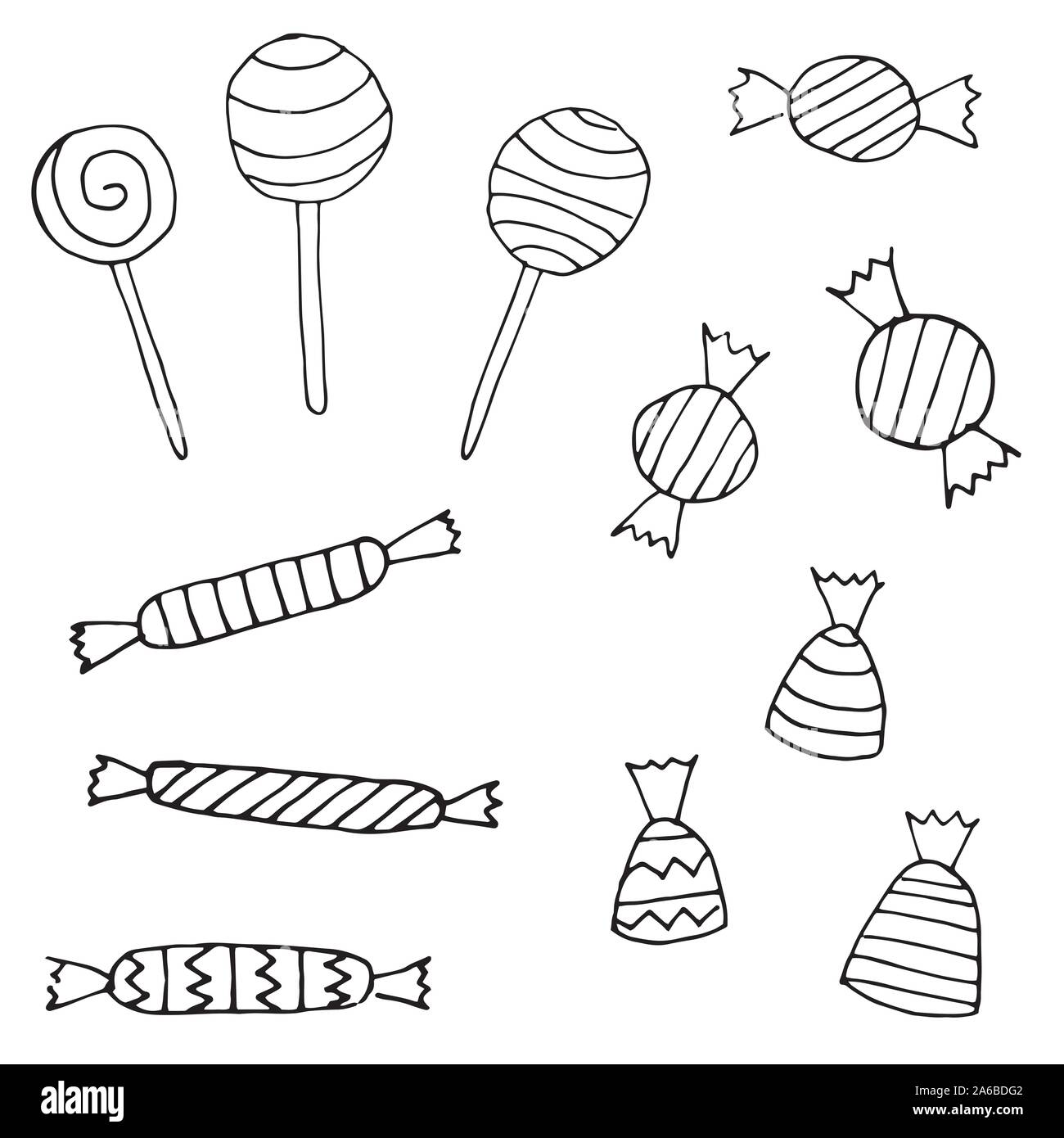 Doodle candies, vector set candy sketch, hand drawn illustration of candy  canes, sweetmeats, sweets and sweet-stuff. Black and white vector drawing,  isolated on white background. Stock Vector | Adobe Stock