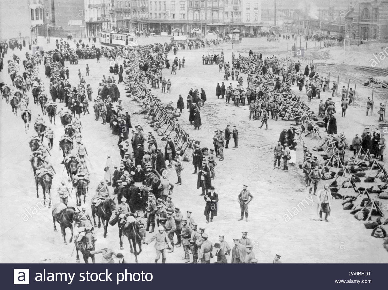 WW1 German Troops in Antwerp Belgium, vintage photograph from 1914 Stock Photo