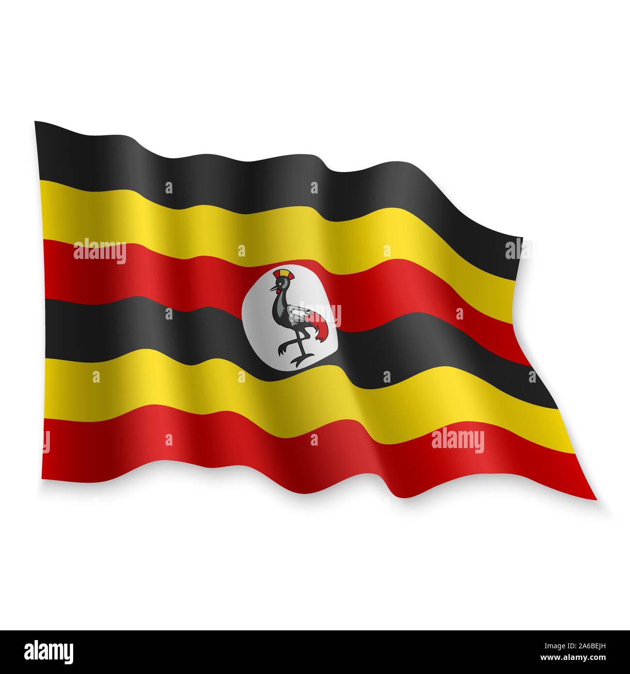 3D Realistic waving Flag of Uganda on white background Stock Vector